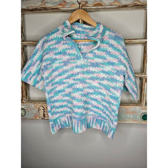 Vintage Crochet Lattice Split Collared Short Sleeve Sweater size Medium - Picture 1 of 8